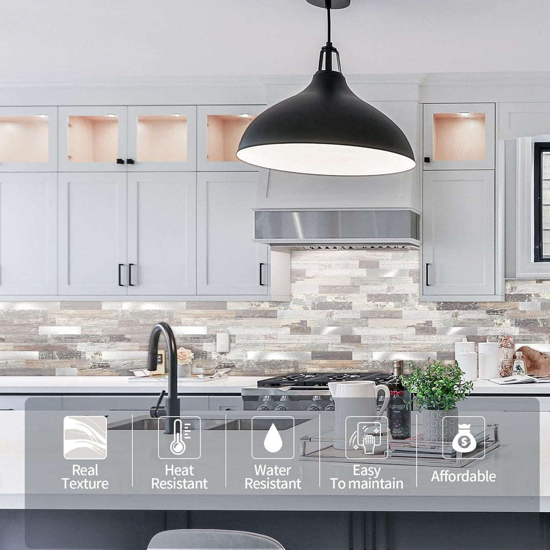 PVC stick on backsplash detail image Linear Blend in Light Wood