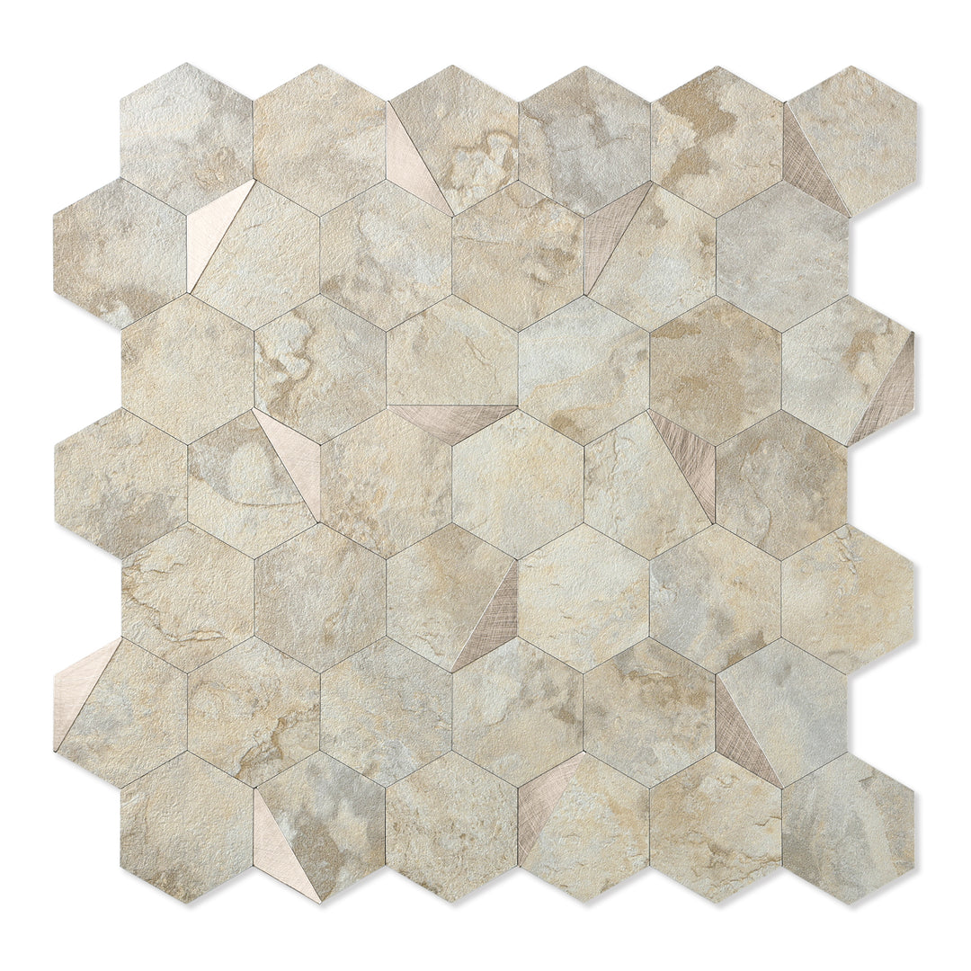 12" x 11.41" Hexagon Peel and Stick Backsplash Ecru Beige Stone Wall Tile