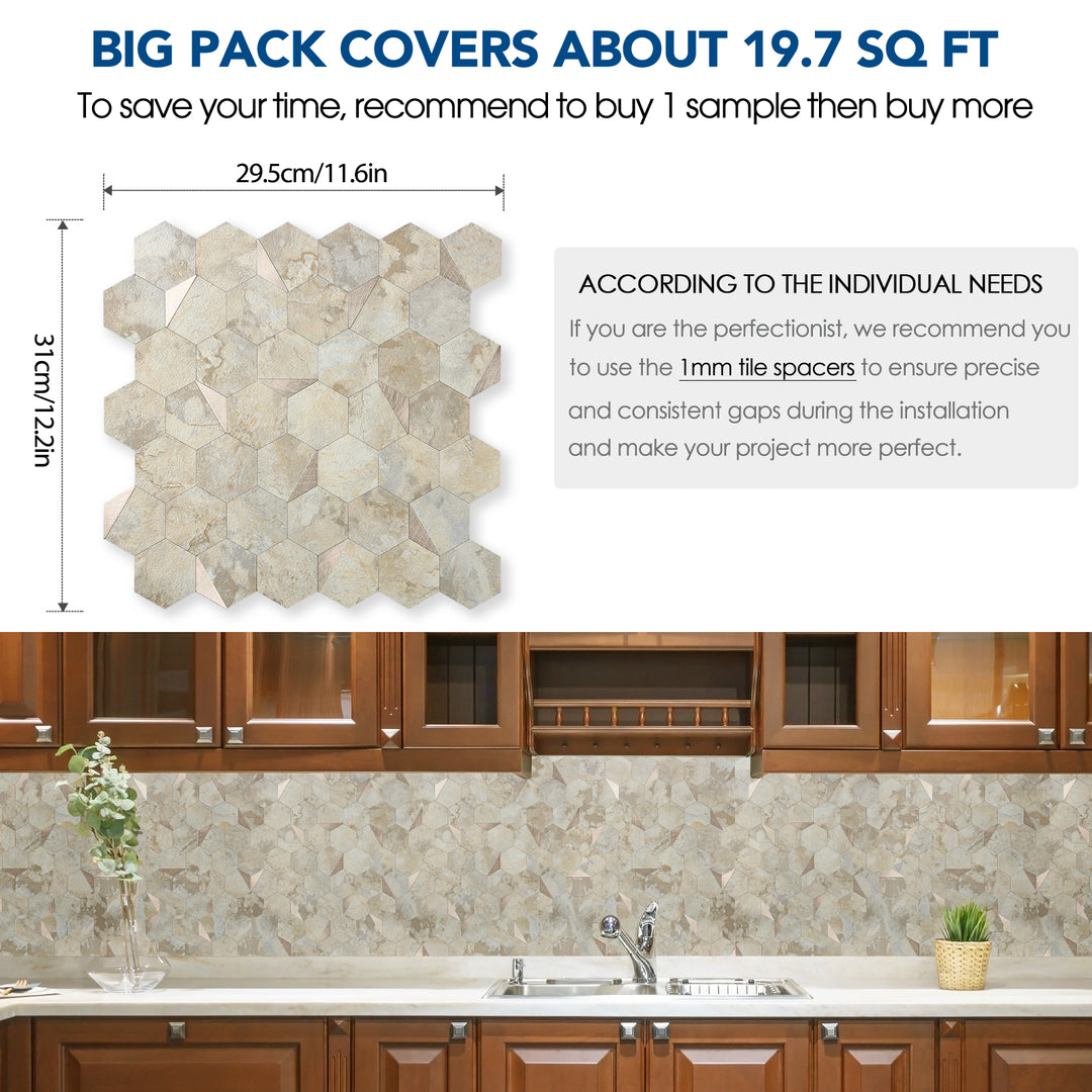 12" x 11.41" Hexagon Peel and Stick Backsplash Ecru Beige Stone Wall Tile