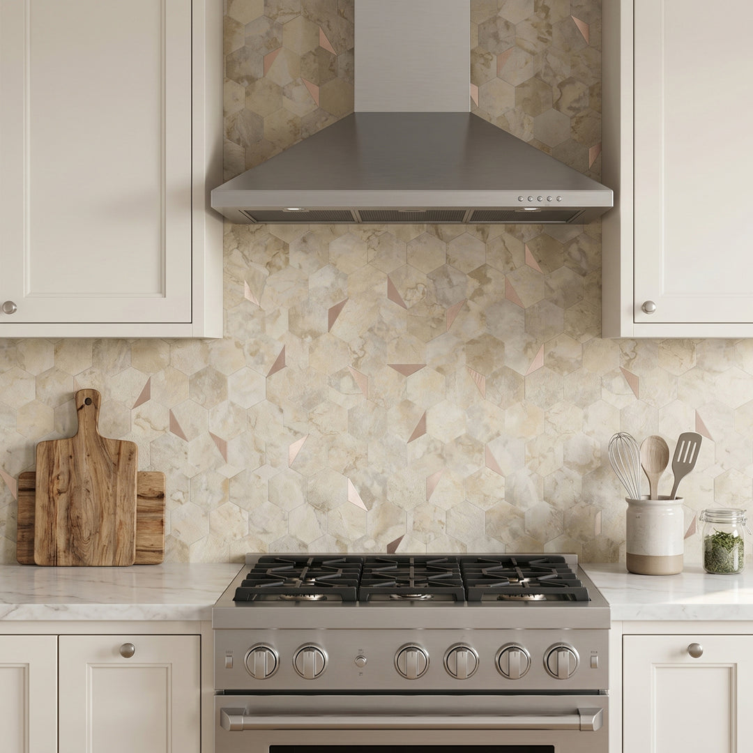 12" x 11.41" Hexagon Peel and Stick Backsplash Ecru Beige Stone Wall Tile