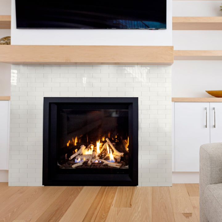 subway tile stick on fireplace